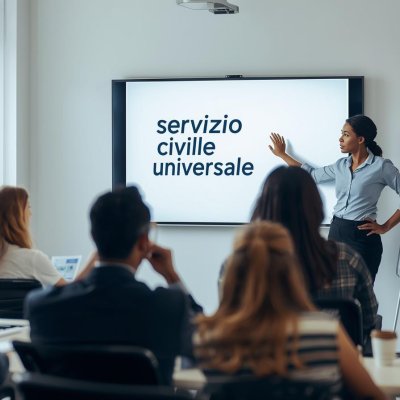 Presentazione informativa sul Servizio Civile Universale davanti a un gruppo di partecipanti in aula