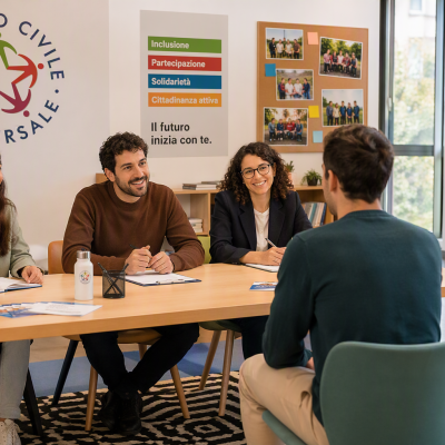 un giovane candidato dialoga con una commissione seduta a un tavolo e sullo sfondo il logo del Servizio Civile Universale un giovane candidato dialoga con una commissione seduta a un tavolo e sullo sfondo il logo del Servizio Civile Universale